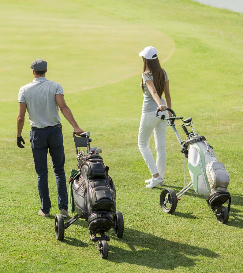 Two golfers walking on a green golf course, carrying golf bags on trolleys.